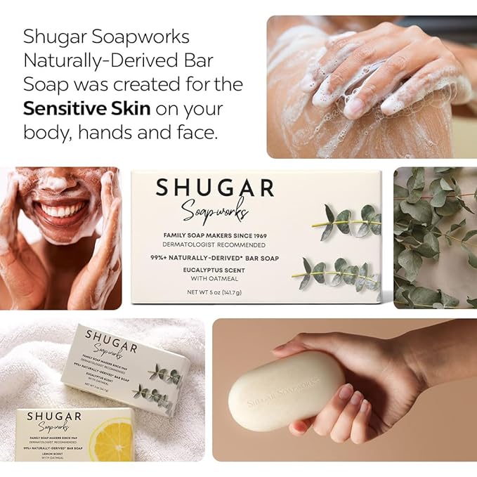 Shugar Soapworks Oatmeal & Eucalyptus 5 oz Beauty Bar Soap 8-Pack | Plant-Based Formula | Sulfate & Paraben Free | Moisturizing Gentle Cleanser for Sensitive Skin, Body & Hands