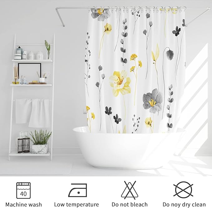 Gibelle Small Stall Shower Curtain 36 x 72, Narrow Half Watercolor Floral Fabric Shower Curtain, Yellow Grey Flower Decorative Bathroom Shower Curtain Set