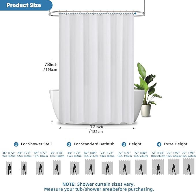 2-in-1 Waterproof Fabric Shower Curtain - No Separate Liner Needed, Hotel-Style Waffle Weave, Effortless Cleaning & Washable Bathroom Shower Curtain Set,72Wx78H,White