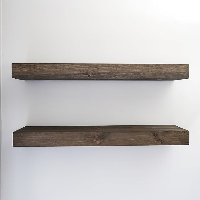 Urbandi Modern Floating Shelves 3 Inches Thick for Wall, Wide Shelves for Kitchen, Living Room, Bedroom, and Bathroom, Natural Pine Wood, Rustic Wooden Shelf, (Set of 2) (Jacobean, 60Lx3Hx8D)