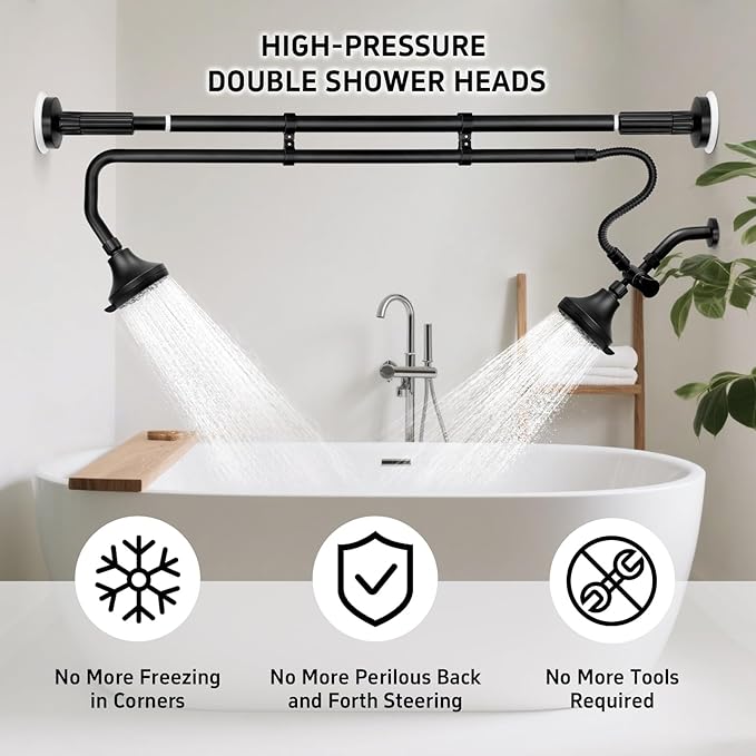 Tandem Shower Heads, Double Shower Head for Couples, Dual Shower Head System for Two People, High Pressure and Adjustable Double Shower Heads (Black)