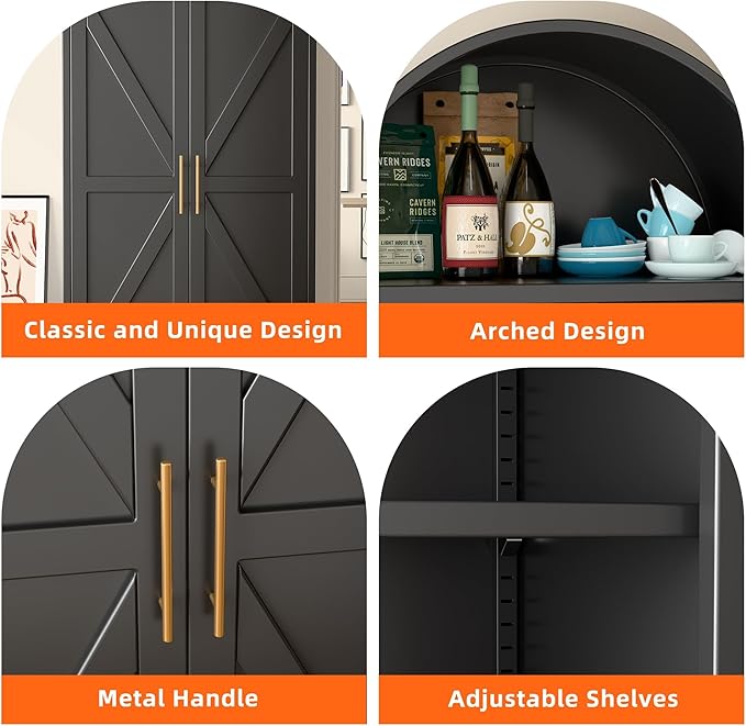 73'' Tall Metal Arched Cabinet, Modern Black Arch Bookshelf Display Cabinet with Doors/Shelves/Internal Drawers for Home Office Kitchen Bar Living Room