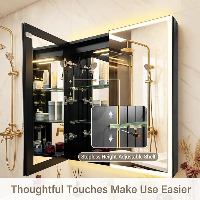 Aluminum Medicine Cabinet with Light,Stepless Glass Shelf,3 Colors Temperature,Dimmer,Backlit Lighting,Internal Light,USB Shaver Socket,Defogger,61cm×76cm