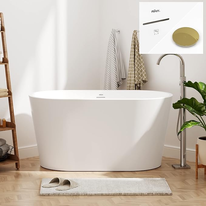FerdY Shangri-La 47" Acrylic Freestanding Bathtub with Headrest, Small Classic Oval Shape Acrylic Soaking Bathtub with Polished Gold Drain & Overflow& Bath Pillow, cUPC Certified