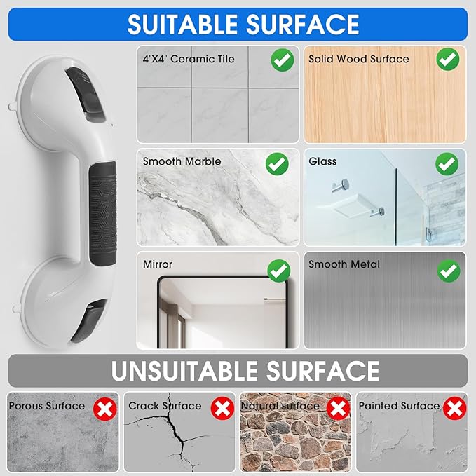 Suction Grab Bar with Safety Indicator for Bathtub Shower Bathroom, Heavy Duty Handrail Removable Reusable for Elderly disabled and Kids, Anti-Slip Grip, No Drilling Tool Free, Waterproof Black