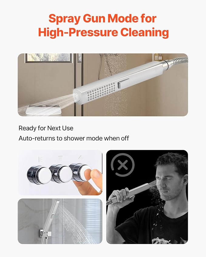 VEVOR Shower Faucet Set, 12 Inch Thermostatic Ceiling Mount Rainfall Shower System with 6 Inch Wall Mount Head and 2 in 1 Handheld Spray, 3-Function Dual Rain Head Brass Valve and Trim Kit, Chrome