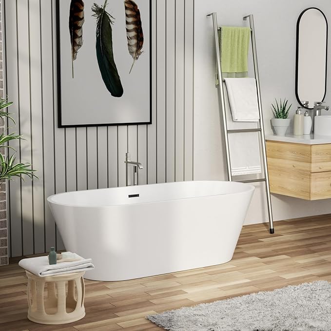 67" Acrylic Freestanding Bathtub - Mocloo Modern Elegant Soaking Stand Alone Bathroom Tub, Matte White, Overflow and Black Offset Drain