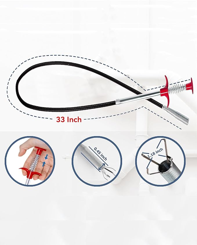 Drain Snake,33 inch Flexible Grabber Claw Pick Up Reacher Tool,Drain Clog Remover - Gutter Cleaning Tools for Home Sink, Bathroom Tub,Drain, Toilet, Tight Spaces