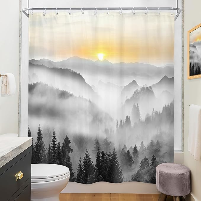 Riyidecor Misty Mountain Shower Curtain 60Wx72H Inch Sunrise Foggy Woodland Greenery Smokey Black Spring Scenery Tree Nature Pine Scenic Bathroom Decor Fabric Polyester Waterproof 12 Pack Hooks