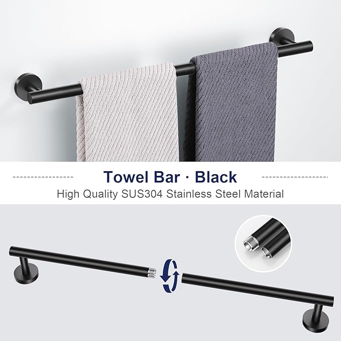 5-Piece Towel Bar Set Black Bathroom Hardware Accessories Set Upgraded Toilet Paper Holder with Shelf Towel Holder Set for Bathroom Stainless Steel Wall Mounted