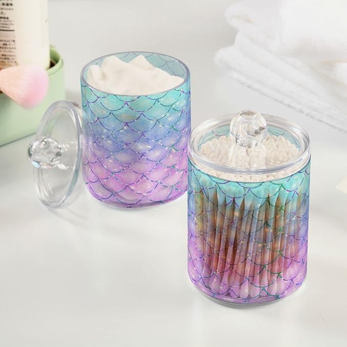 MNSRUU 2 Pack Qtip Holder Organizer Dispenser Pink Blue Mermaid Scales Bathroom Storage Canister Cotton Ball Holder Bathroom Containers for Cotton Swabs/Pads/Floss