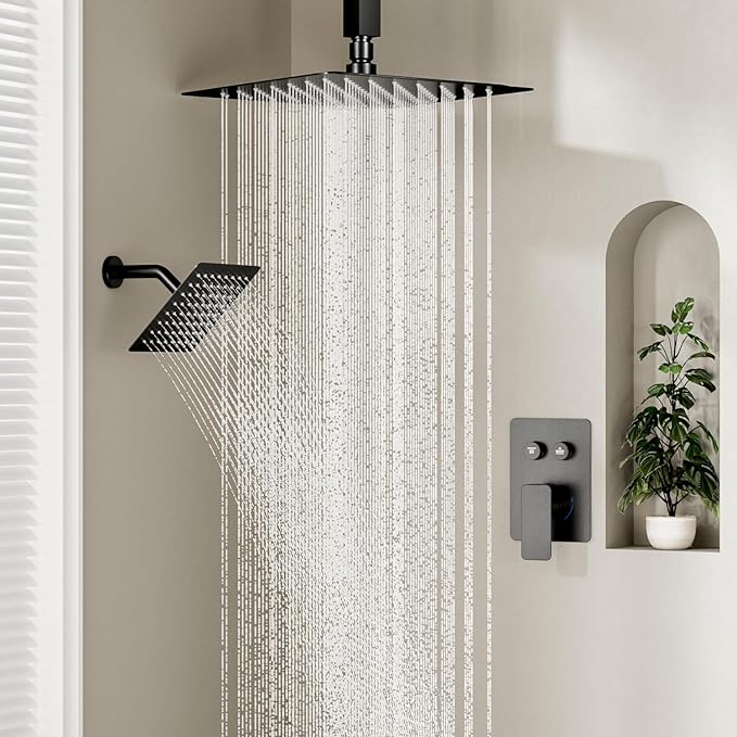 Shower Faucet Set Matte Black Shower System, STARBATH 10" Ceiling Mount Rain Showerhead and 6" Wall Mounted Rainfall Shower for Couples, On Off Button Valve Dual Head Shower Systems Complete