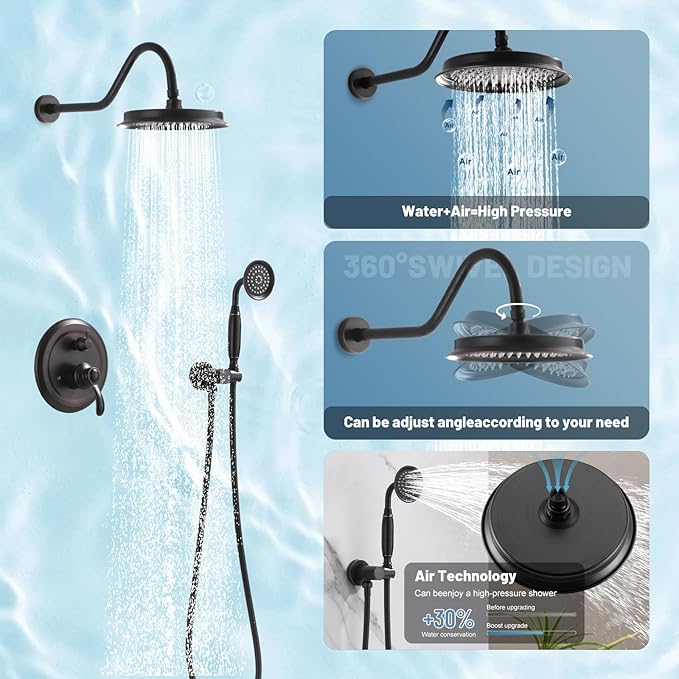 Antique Shower Head Faucet Set,Oil Rubbed Bronze Vintage Wall Mount Shower Faucets Combo With Handheld Spray,Bathroom Rainfall Shower System Trim Kit With Brass Pressure Balance Valve & 9''Shower Head
