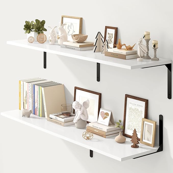 Fun Memories Floating Shelves for Wall, 12 Inch Deep Floating Shelves Set of 2, Wall Mounted Shelf with Metal Brackets, Rustic Wood Wide Shelf for Bathroom, Kitchen and Living Room, White, 55W x 12D