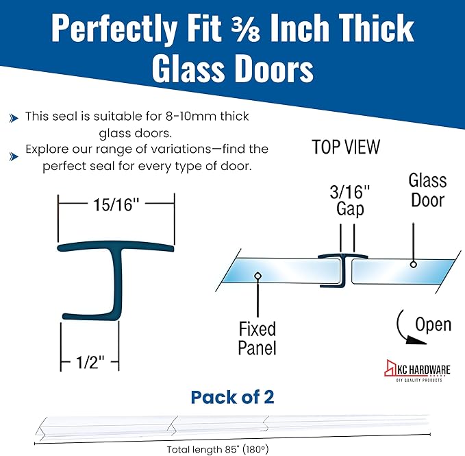 Frameless Shower Door Side Seal Strip H-Type 180 Degree 85 inches Length, Clear (2, 3/8 inches Glass)