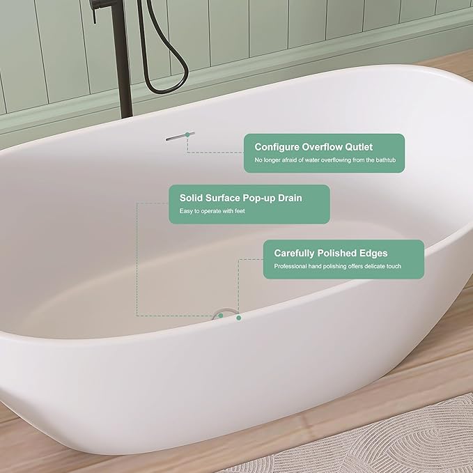 SJ STAR&JANE 55" Solid Surface Freestanding Bathtub Stone Resin Tub Oval Double Slippers Stand Alone Soaking Tub with Pop-up Drain and Overflow, Matte White