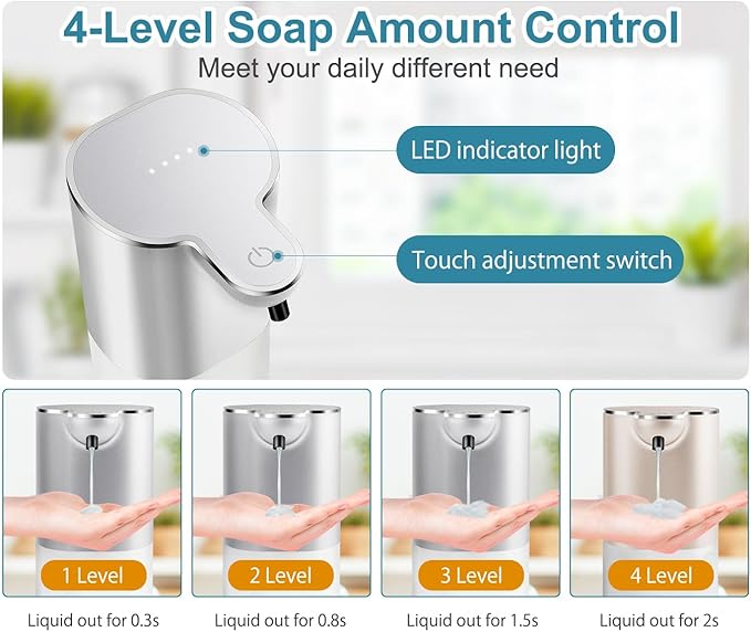 Automatic Liquid Soap Dispenser with 4 Adjustable Volume Control, Touchless Rechargeable Hands Free Auto Soap Dispenser for Kitchen, Bathroom, Hotel, Restaurant,13.5oz/ 400ml