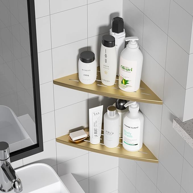 Corner Shower Shelf Brushed Golden, 304 Stainless Steel 11.5” Recessed Corner Shelf Bathroom for Tiled Wall, Floating Shower Shelves Shampoo Holder, No Drilling, 2 Pack