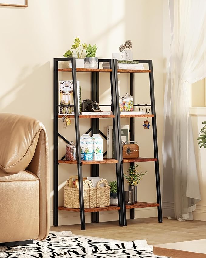 Furologee 4 Tier Ladder Bookshelf Narrow, Metal Wooden Ladder Shelf Bookcase with 2 Hooks, Small Rustic Brown Bookshelves Free Standing, Skinny Leaning Book Shelves for Bedroom Bathroom Living Room