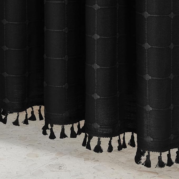 MitoVilla Black Boho Shower Curtains for Modern Bathroom Decor, Farmhouse Polyester Linen Fabric Cloth Shower Curtain with Tassel, 72 x 72