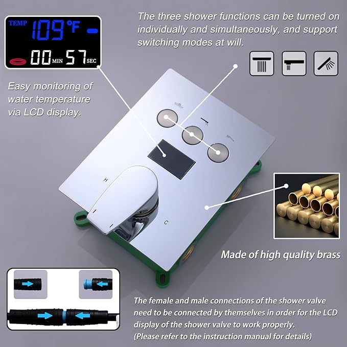 Rain Shower System Polished Chrome 3 Way Digital Display Shower Faucet System 12 Inch Ultra Thin Full Body Shower Head System with Handheld Shower and 4 PCS Body Jets