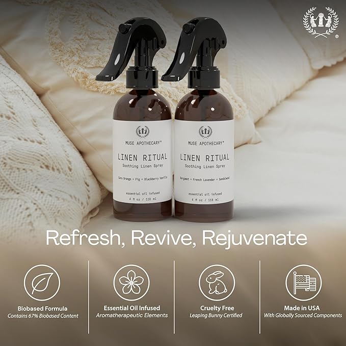 Muse Apothecary Linen Ritual - Aromatic, Soothing, and Relaxing Linen Mist, Laundry and Fabric Spray - Infused with Aromatherapy Essential Oils - 4 oz, Tonka Bean + Amber + Warm Cedarwood,