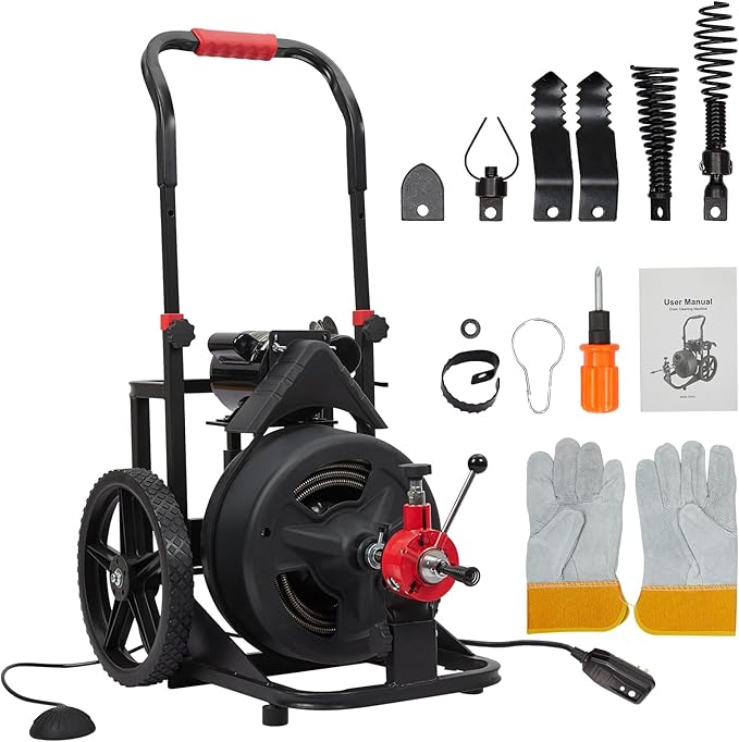 Heavy Duty Electric Drain Cleaner Machine, 100 Ft x 1/2 Inch Sewer Snake, 370w Auto-Feed, 6 Interchangeable Cutters, Gloves, Portable Pipe Cleaning Tool for 2-4 Inch Pipes