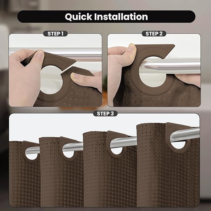 Inhousolu No Hook Waffle Weave Shower Curtain with Removable Snap in Fabric Liner Set for Bathroom, 230 GSM Heavy Duty Weighted Hem, Water Repellent Washable Bath Curtains, 72 x 72 Inch, Brown