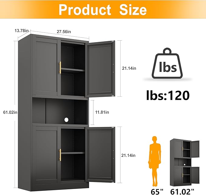 Black Metal Pantry Cabinet with 4 Doors, 2 Adjustable Shelves, 61" H Garage Storage Cabinet for for Home Office, Living Room, Dinning Room