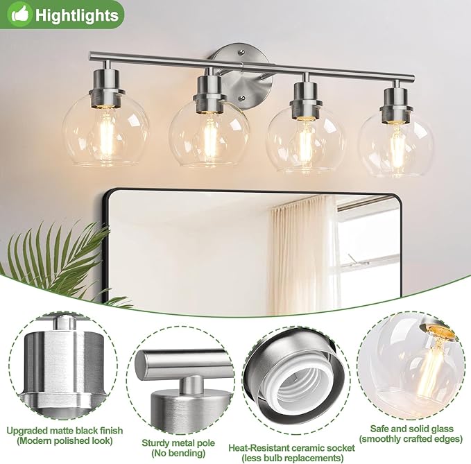 4-Light Bathroom Light Fixtures, Brushed Nickel Modern Vanity Lights Over Mirror with Clear Glass Globe Shade, Bathroom Wall Sconces for Mirror Kitchen Living Room Hallway Cabinet Bedroom Porch
