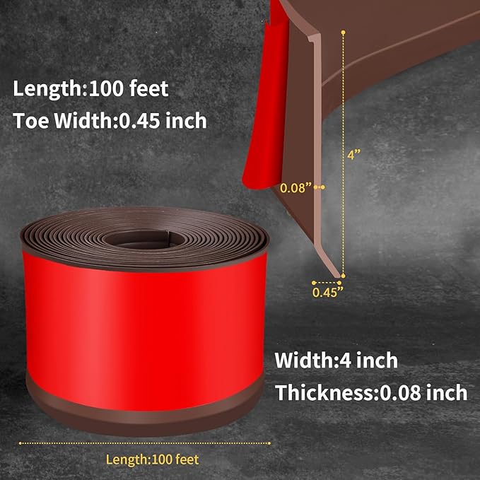 Flexible Baseboard Molding Trim 4 Inch Self-Adhesive Vinyl Wall Base Peel and Stick Cove Base Rubber Wall Baseboard Moulding Trim (100Ft, Brown)