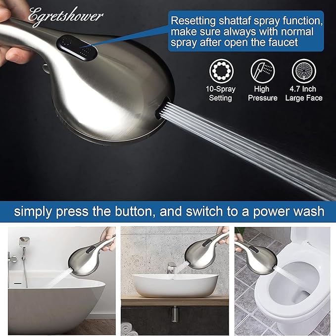High Pressure Handheld Shower Head, 10-Setting Showerhead, 4.7”Detachable Showerhead Set with 5ft Hose, Adjustable Bracket and Built-in Power Wash to Clean Tub, Tile & Pets - Brush Nickel