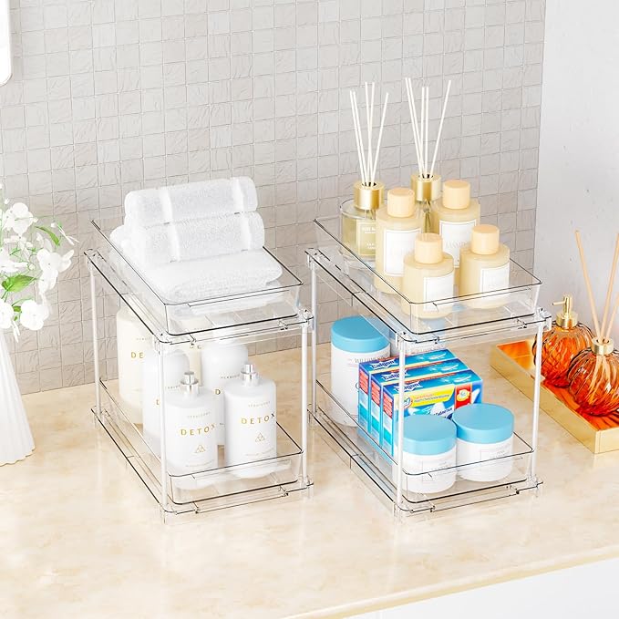 Yieach 2 Pack Pull Out Under the Sink Organizer,2 Tier 10.6″ High Medicine Cabinet Organizer for Vitamin,Pill Bottle,Supplement,Slide out Undersink Organizers and Bathroom Vanity Storage for Cupboard