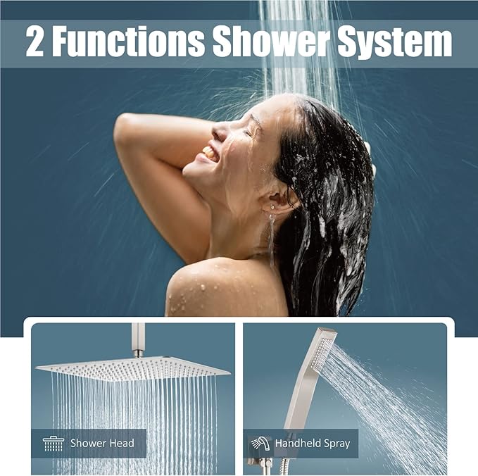 Aolemi Ceiling Mount Shower System Rain Shower Head with Handheld Spray High Pressure Shower Faucet Set Rough-in Valve Shower Trim Kit Included Bathroom Brushed Nickel 16 Inch Ceiling Shower Head