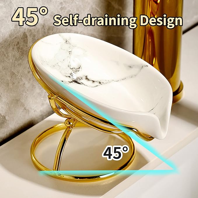 Leaf-Shaped Soap Dish – Ceramic Soap Bar Holder with Self-Drainage System – Bar Soap Holder for Shower, Bathroom Sink, Kitchen – Soap Dish with Stainless Steel Stand (White-Gold-2 Pack)