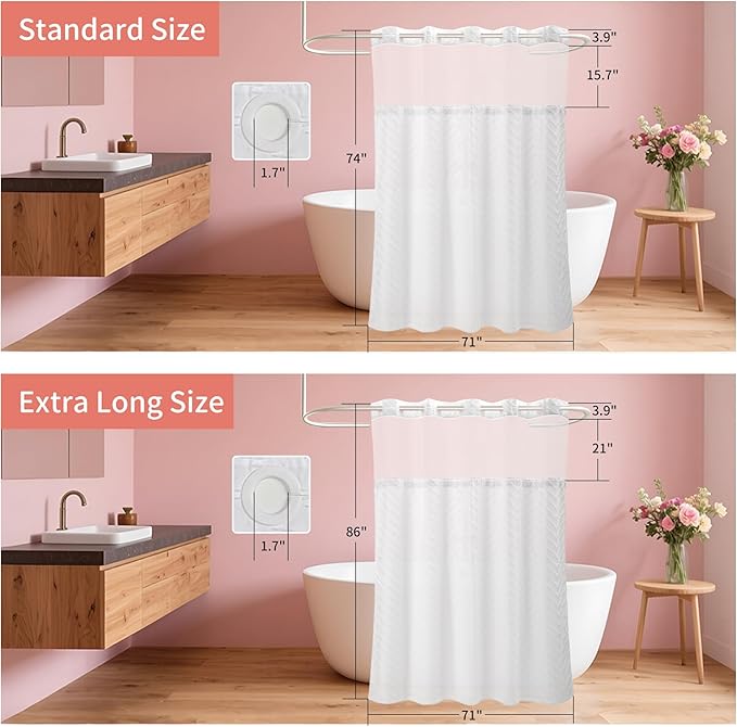 Hookless Shower Curtain with Snap in Liner 71" x 74" Double-Layer Waterproof Polyester Shower Curtain for Bathroom or Hotel Use,Removable Liner,Magnetic Hem,Large Rings,Machine Washable,White