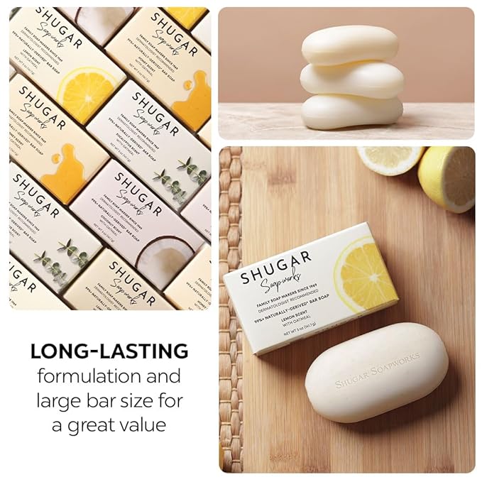 Shugar Soapworks Oatmeal & Lemon Verbena 5 oz Beauty Bar Soap 8-Pack | Plant-Based Vegan Formula | Sulfate & Paraben Free | Gentle Exfoliating Cleanser with Finely Ground Oatmeal Flakes