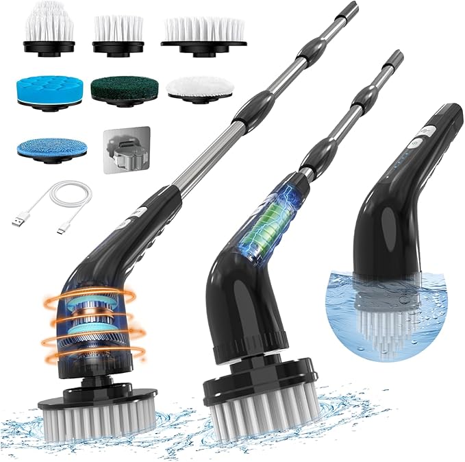 Electric Spin Scrubber, Cordless Cleaning Brush, Shower Scrubber with 7 Replaceable Brush, 2 Speeds and Adjustable Extension Handle for Bathroom Shower Bathtub Glass Car(Black)