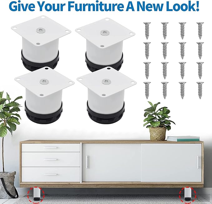 2.5 Inch Metal Furniture Legs - Stainless Steel, Adjustable, White, Round Cabinet Legs for Coffee Table, Cabinet, Desk, Sofa, Shelves - Pack of 4