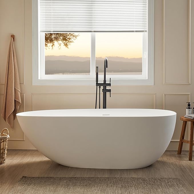 Cpingao 71" Solid Surface Freestanding Bathtub, Egg Shell Stone Resin Freestanding Soaking Tubs with Pop-up Drain and Overflow, Matte White 8848-1800