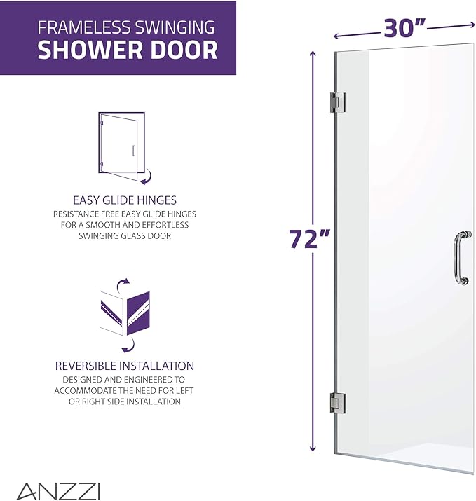 ANZZI 72" x 30" Frameless Shower Door in Matte Black,Water Repellent Glass Shower Door with Seal Strip Parts and Handle, 3/8 Glass Hinged Shower Door with Handle (SD-AZ09-02MB)
