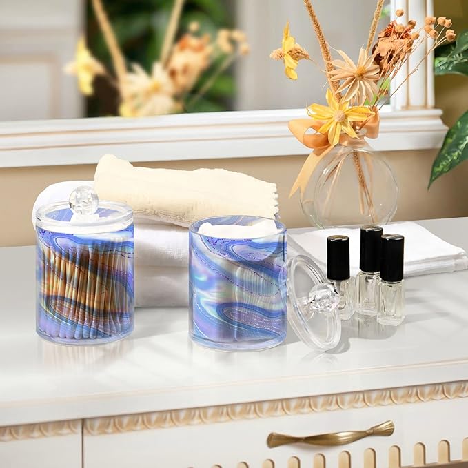 MNSRUU 4 Pack Qtip Holder Organizer Dispenser Liquid Shiny Blue Bathroom Containers Bathroom Vanity Storage Canister Apothecary Jars for Cotton Swabs/Pads/Floss