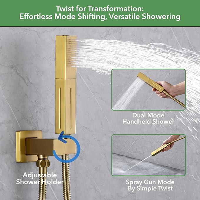VANFOXLE Shower Faucet Set Brushed Gold Shower System,Shower Faucet with 2 in 1 Handheld,Ceiling Mount 19 Inch Shower Head+14 Inch Shoulder massager