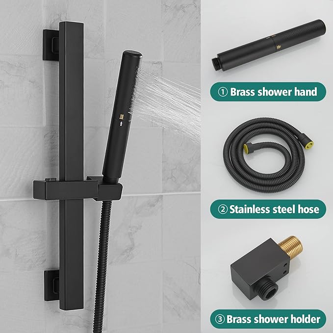 Hoimpro 12 Inch Matte Black Shower System with Adjustable Slide Bar, Square Rain Shower Head and Wand Wall Mounted, Rainfall Shower Faucet Fixture Combo Set, 2 in 1 Handheld Showerhead for Bathroom