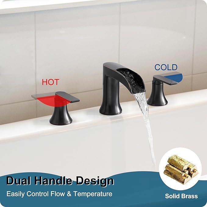 Oil Rubbed Bronze Waterfall Tub Faucet 3 Hole, Brass High Flow Roman Bathtub Faucet, Widespread Bathtub Faucets 6-16 Inch 2 Handle Deck Mount