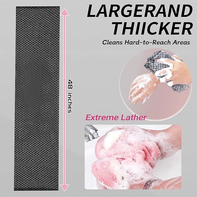 Blissal Exfoliating Shower Towel 47", Premium Scrub Wash Cloth for Body Face, Blissal Shower Towel for Smooth Skin, Quick Drying Durable-Body Scrubber with 2 Sides for All Skin Types (Black+Pink)