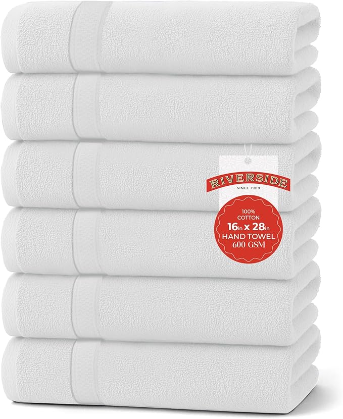 RIVERSIDE 6 Pack Premium Hand Towels Set, 16x28 inches, 100% Ring Spun Cotton, 600 GSM, Soft, Quick Dry and Highly Absorbent, Towels for Bathroom, Kitchen, Gym, Spa - White