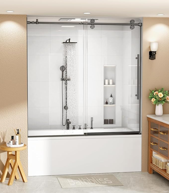 Bathbliss Glass Shower Door 56"-60" Wx60 H,Frameless Sliding Glass Door with 5/16"(8mm) Tempered Glass Shower with Matte Black Finish