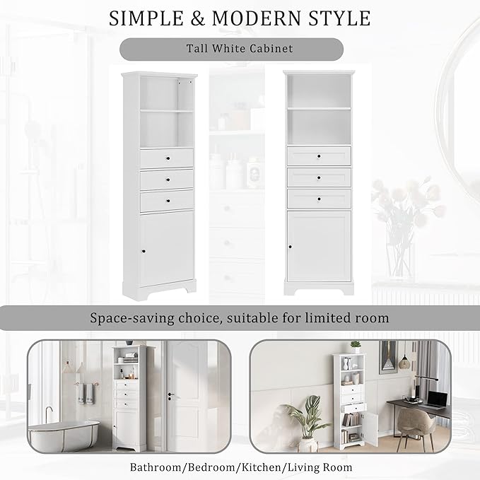 Harper & Bright Designs Storage Cabinet, 67.3 Inch Freestanding Tall Floor Bathroom Storage Cabinet with 3 Drawers, One Drawer, and Adjustable Shelves for Bathroom, Office, and Living Room (White)