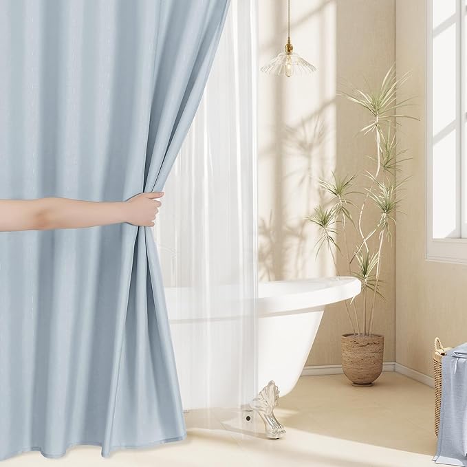 MitoVilla 3 in 1 Shower Curtain Set, FogBlue Boho Farmhouse Linen Textured Bath Curtain and Clear PEVA Liner Set with 12 Double Sided Steel Hooks, Waterproof Fabric Hotel Bathroom Curtain - 72x72